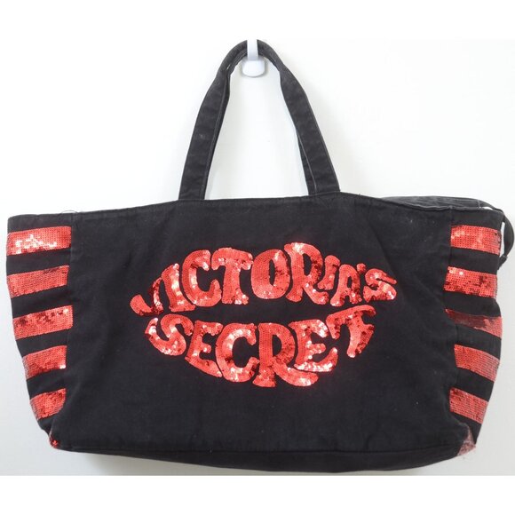 Victoria’s Secret Sequin Lip’s Black Red X-LARGE Tote Carry-on Duffle Weekender - Picture 7 of 13